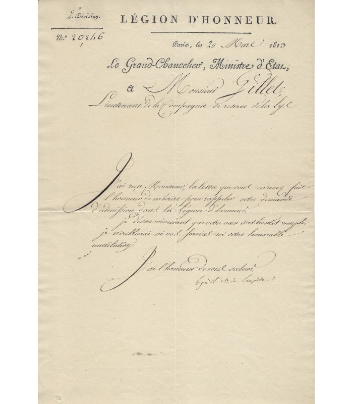 LEGION D'HONNEUR-CENT JOURS-LACEPEDE  comte de,  Pièce Signée (E 10734)