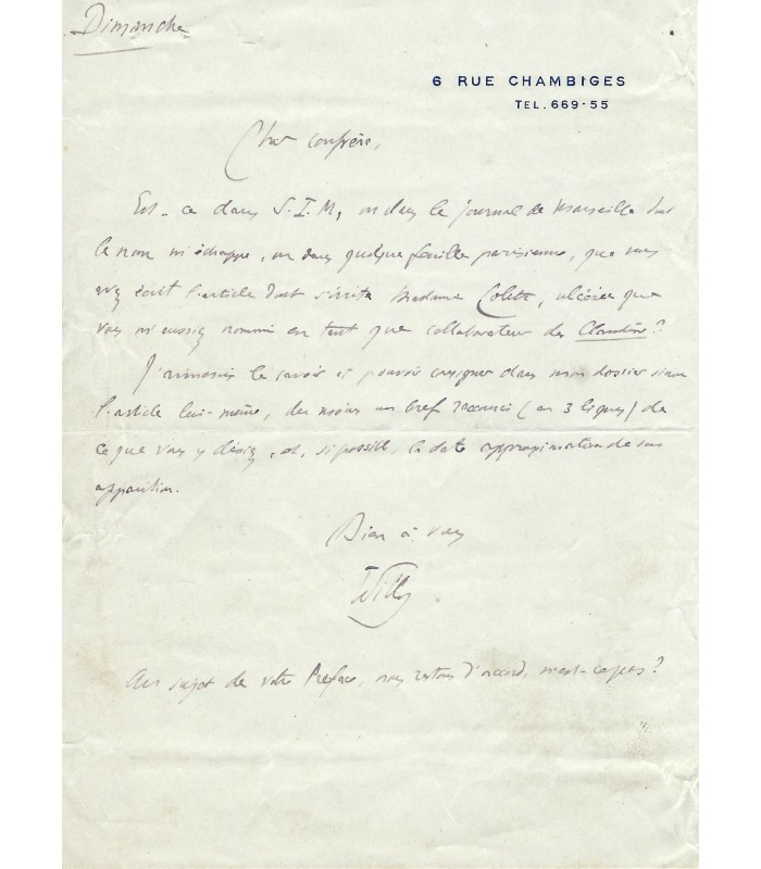 WILLY (Henry Gauthier-Villars, dit), écrivain. Lettre autographe (G 1179).