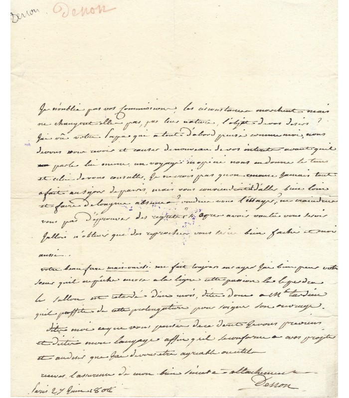 VIVANT-DENON Dominique, graveur, écrivain. Lettre Autographe (E 10730)