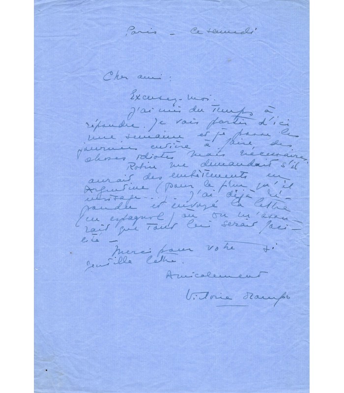 OCAMPO Victoria, écrivaine et mécène argentine. Lettre Autographe (G 5531)