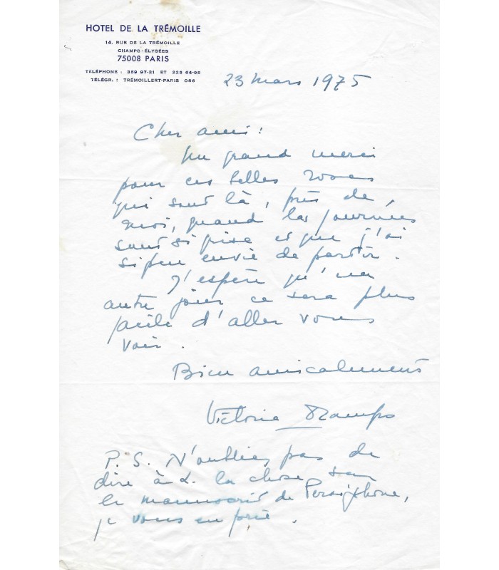 OCAMPO Victoria, écrivaine et mécène argentine. Lettre Autographe (G 5531)