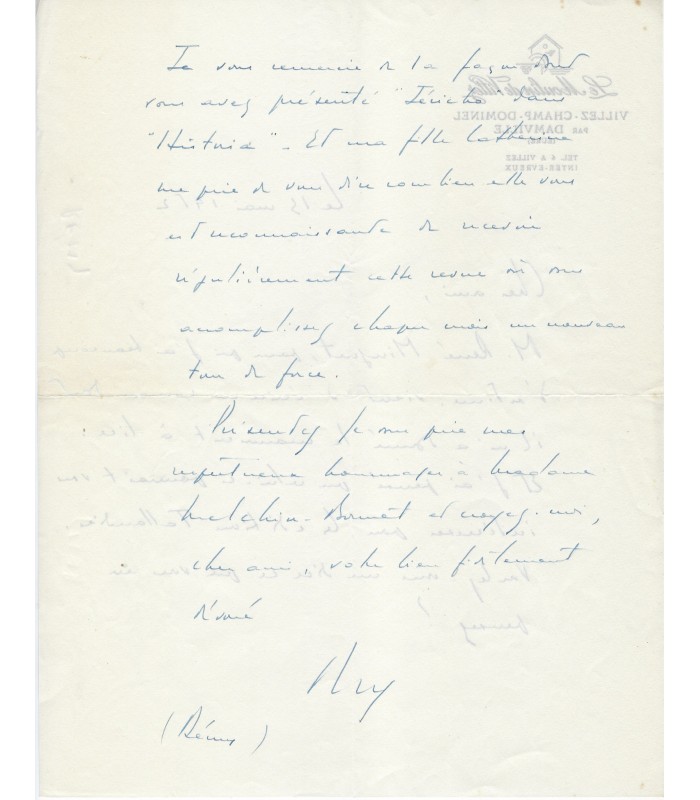 RENAULT (Gilbert dit  le Colonel REMY), résistant. Lettre Autographe (G  6122)