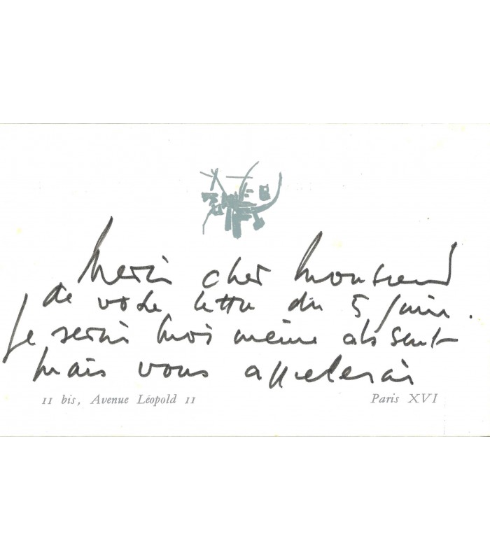 MATHIEU Georges, peintre. Lettre Autographe (G 3361)