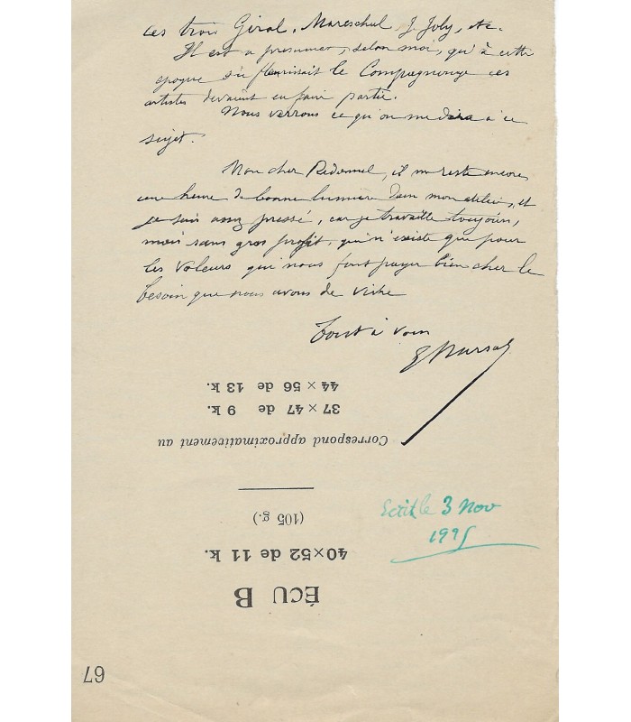 MARSAL Edouard-Antoine, peintre, illustrateur. 2 Lettres Autographes (E 10757)