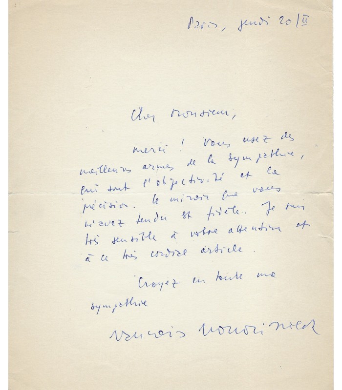 NOURISSIER François, écrivain. Lettre Autographe (E 10759)