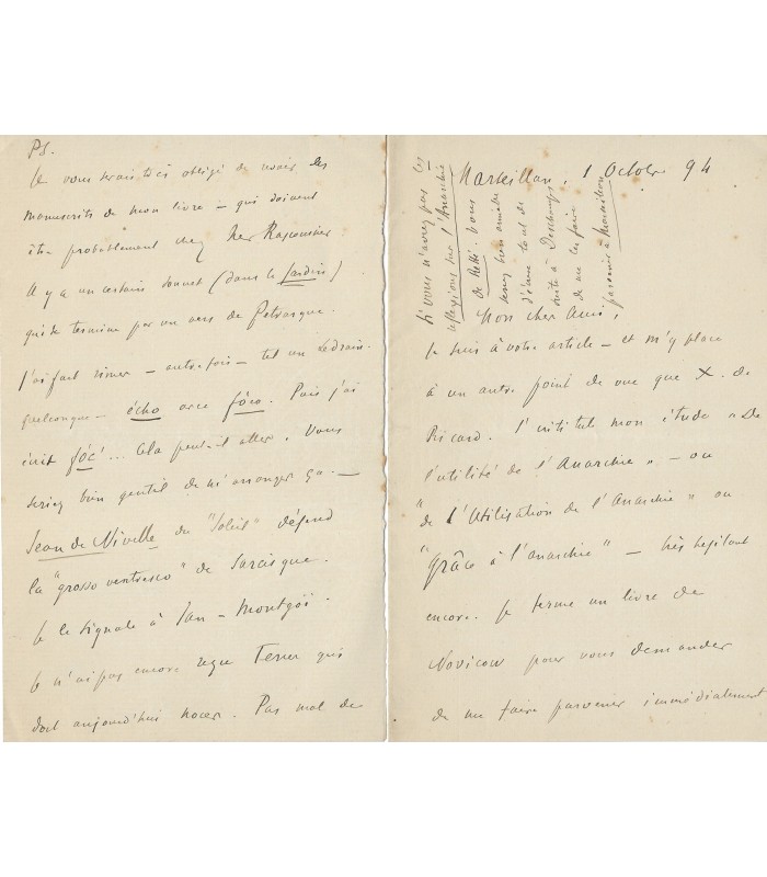 MAFFRE de BAUGE Achille, poète occitan. 4 Lettres Autographes (E 10765)