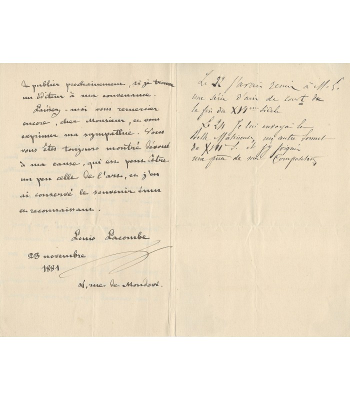 LACOMBE Louis, pianiste et compositeur. Lettre Autographe (E 10727)