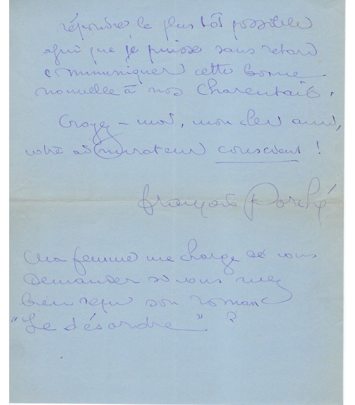 PORCHE François, écrivain. Lettre Autographe (E 10745)