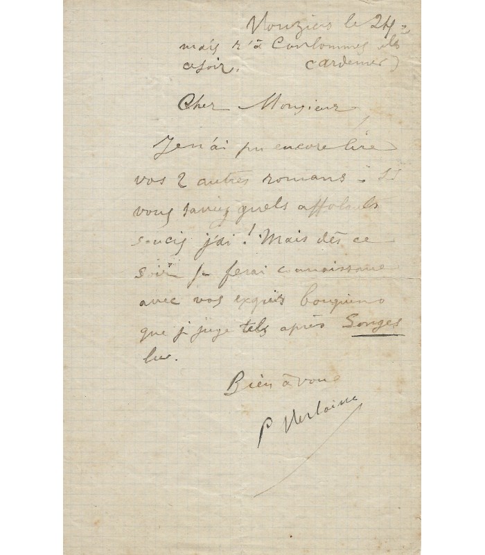 VERLAINE Paul, poète. Lettre Autographe. (G 5820)