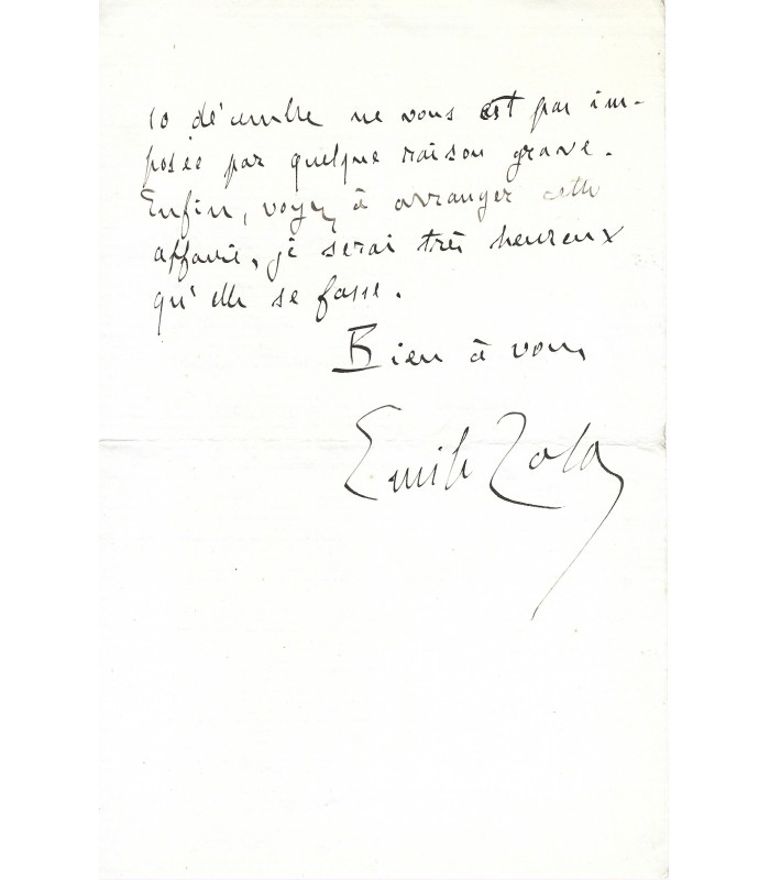 ZOLA Emile. Ecrivain. Lettre autographe (G 4785)