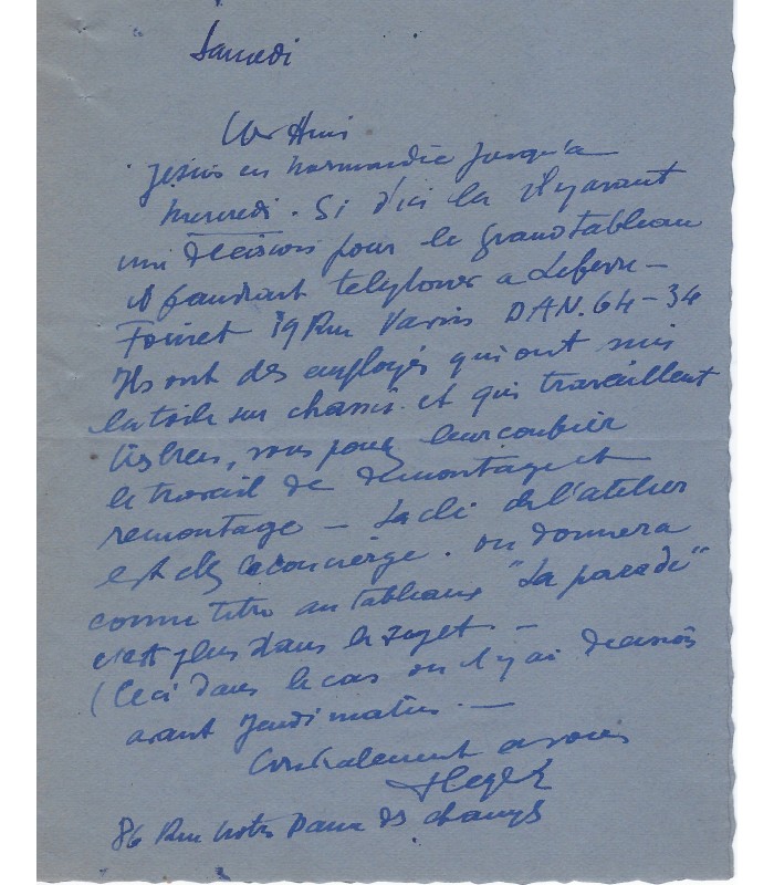 LEGER Fernand, peintre. Lettre Autographe (G 6157)