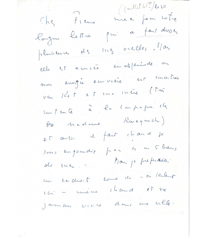 FINI Leonor. Peintre surréaliste. Lettre autographe, 20 juillet 1965 (Réf. G 3166)