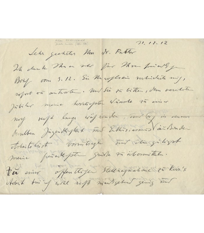 KOKOSCHKA Oscar, peintre. Lettre Autographe (G 4299)