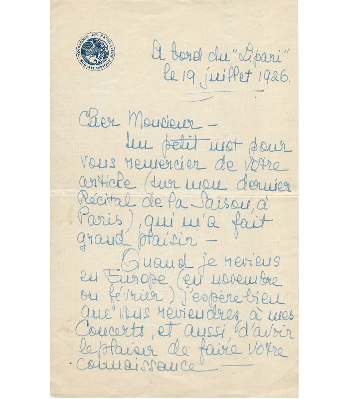 BARENTZEN Aline van, pianiste. Lettre autographe (E 10743)