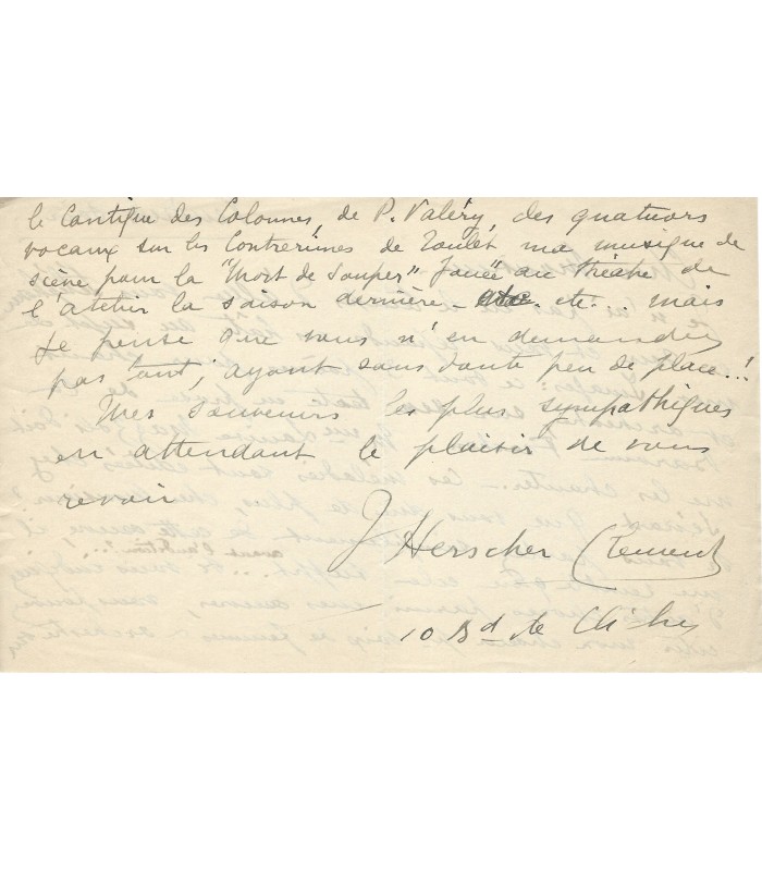 HERSCHER-CLEMENT, compositrice et pianiste. Lettre Autographe (E 10739)