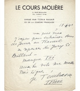 NAVAR Tonia, comédienne. Lettre Autographe (G 2119)
