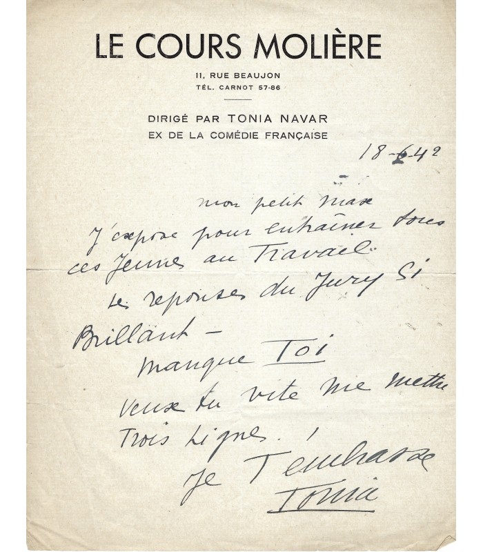NAVAR Tonia, comédienne. Lettre Autographe (G 2119)