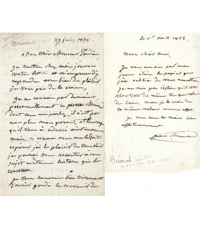 BREMOND Jean-François, peintre. 2 Lettres Autographes (E 10804)