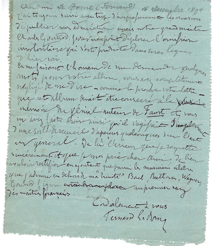 LE BORNE Fernand, compositeur, critique musical et chef d'orchestre. Lettre autographe (G 6172)