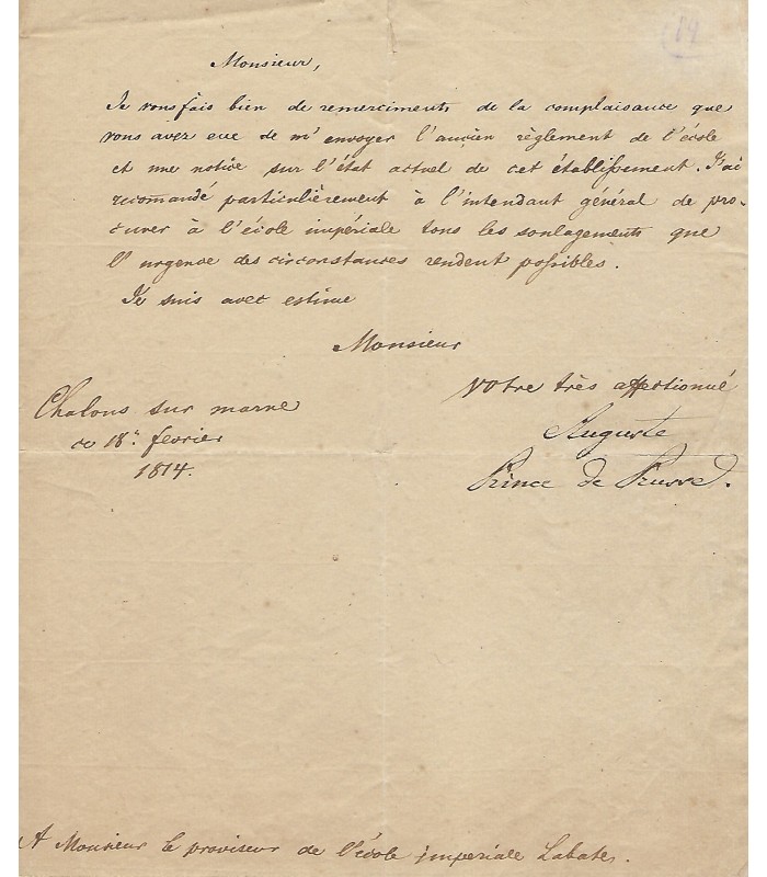 AUGUSTE Frédéric, prince de Prusse. Lettre Autographe (G 2985)