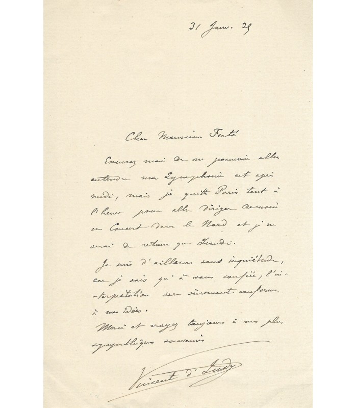 INDY Vincent d', compositeur. Lettre Autographe (G 6170)