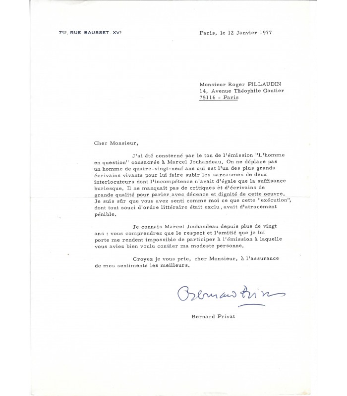 [JOUHANDEAU Marcel, écrivain]. 2 Lettres dactylographiées (E 10849)