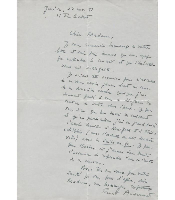 ANSERMET Ernest. Compositeur. Directeur musical des Ballets russes de Diaghilev.  Lettre Autographe (G 3643)
