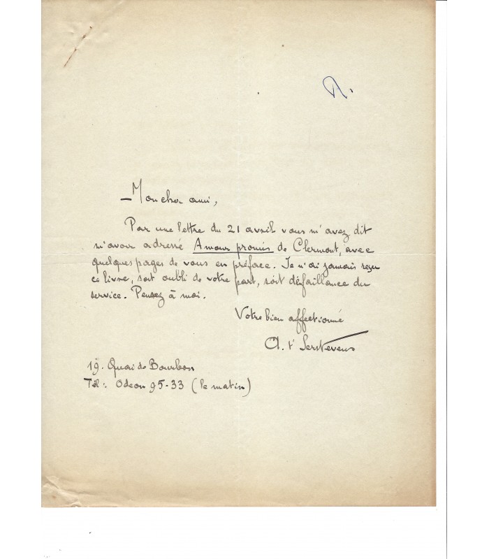 T'SERSTEVENS Alfred, écrivain. Lettre Autographe (E 10837)