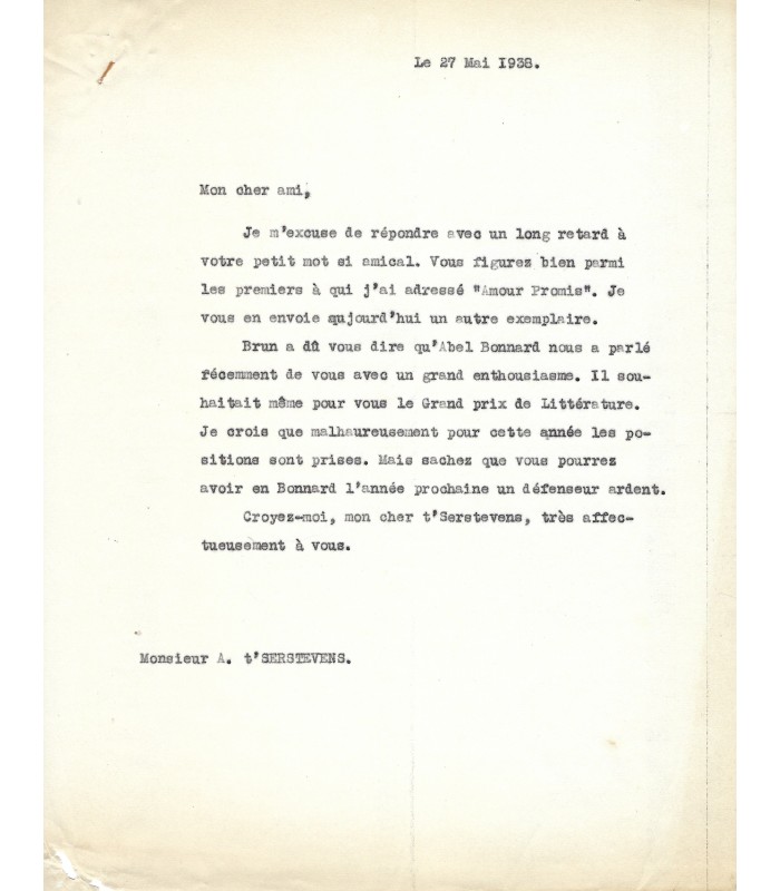 T'SERSTEVENS Alfred, écrivain. Lettre Autographe (E 10837)