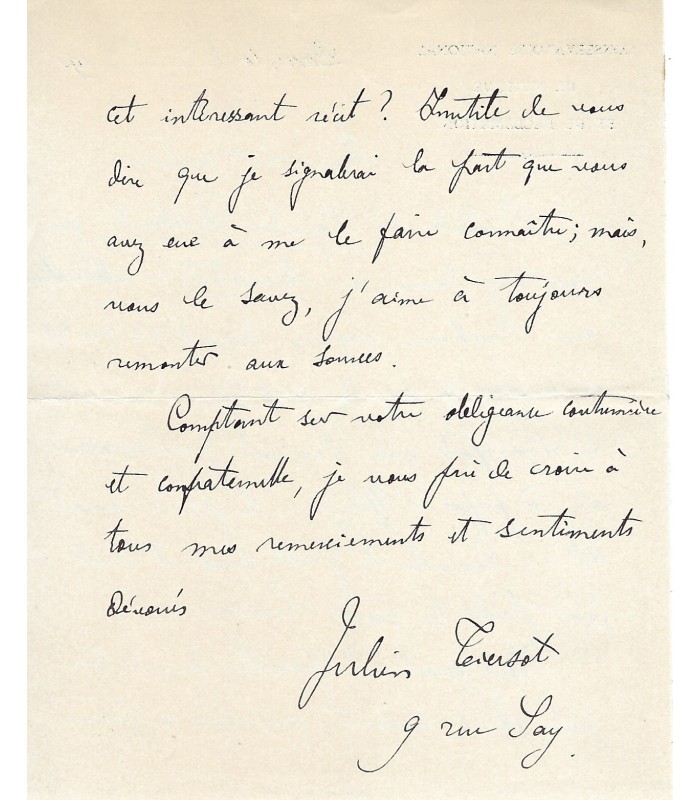 TIERSOT Julien, compositeur. Lettre Autographe  (G 6183)