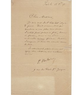 VERLAINE Paul, poète. Lettre Autographe (G 6185)