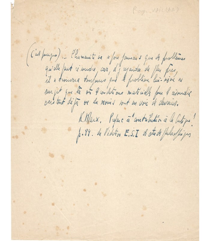 VAILLAND Roger, écrivain. Manuscrit Autographe (G 6145)