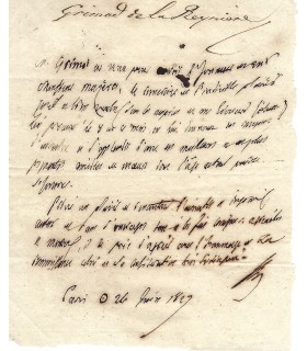 GRIMOD de la REYNIERE, journaliste. Billet Autographe (G 4336)