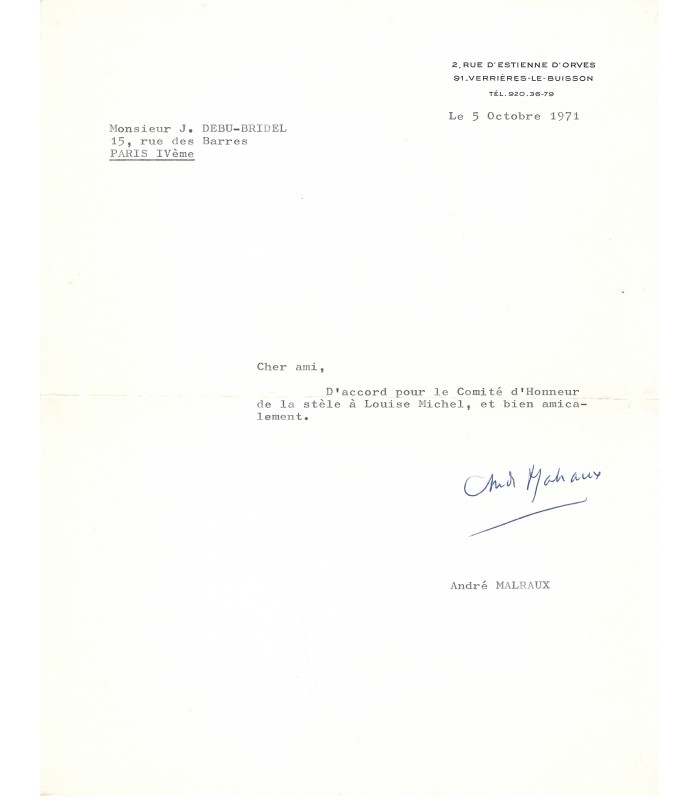 MALRAUX André, écrivain, homme politique. Lettre dactylographiée (G 4332)