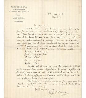 BRUNEAU Alfred. Compositeur, ami de Zola. Lettre autographe (Réf. G 3034)