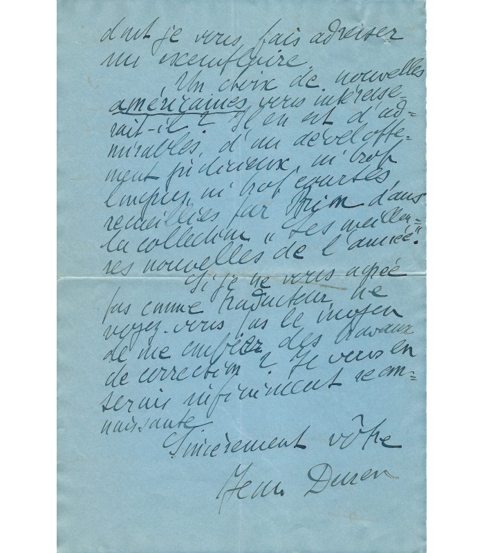 DUREN Jeanne, journaliste, traductrice. Lettre Autographe (E 10865)