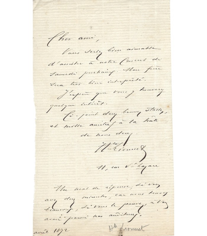 LIONNET Hippolyte, acteur et chanteur. Lettre Autographe (G 6173)