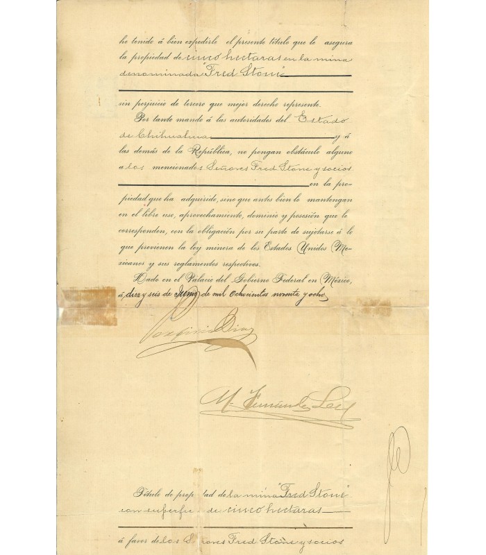 PORFIRIO DIAZ José de la Cruz, politicien et militaire mexicain. Pièce Signé (G 4647)