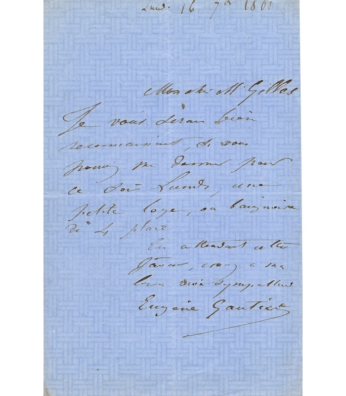 GAUTIER (Eugène), violoniste, compositeur et critique musical. Lettre Autographe (G 1696)