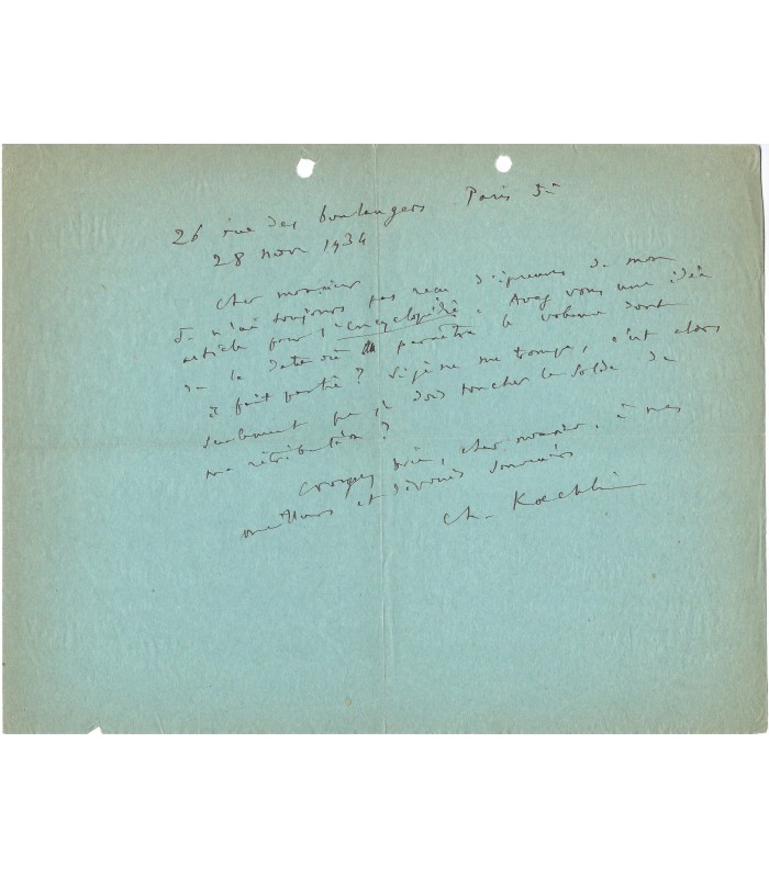 KOECHLIN Charles, compositeur et pédagogue. Lettre autographe (G 1459)