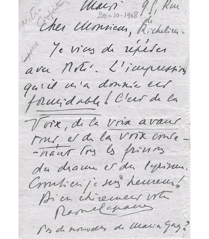 LAPARRA (Raoul), compositeur et critique musical. Lettre autographe (G 977)