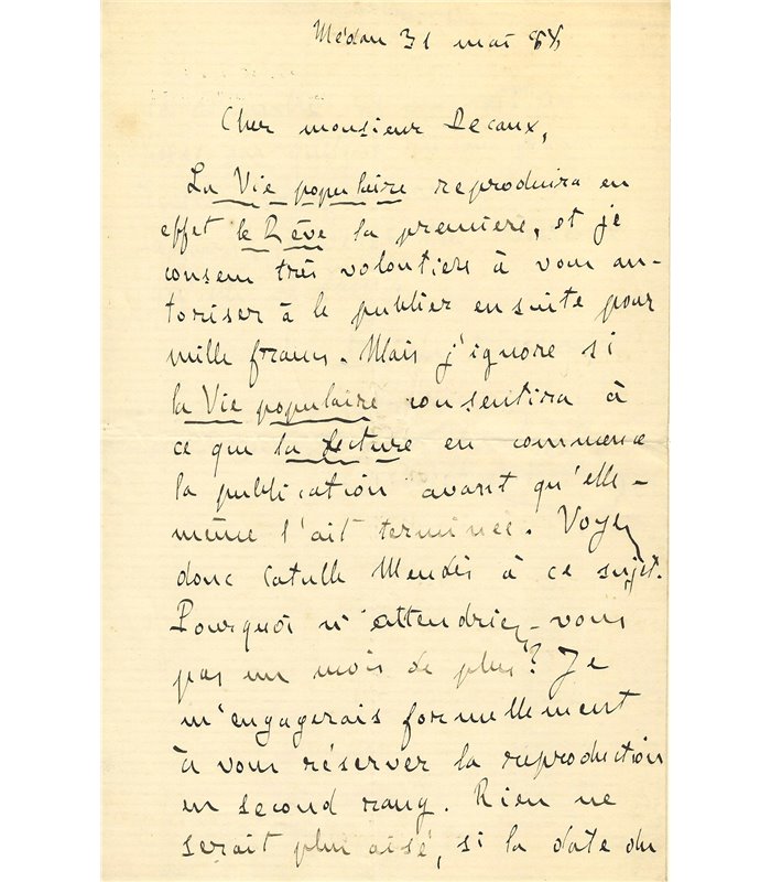 ZOLA Emile cherche à publier Le Rêve en feuilletons dans une revue