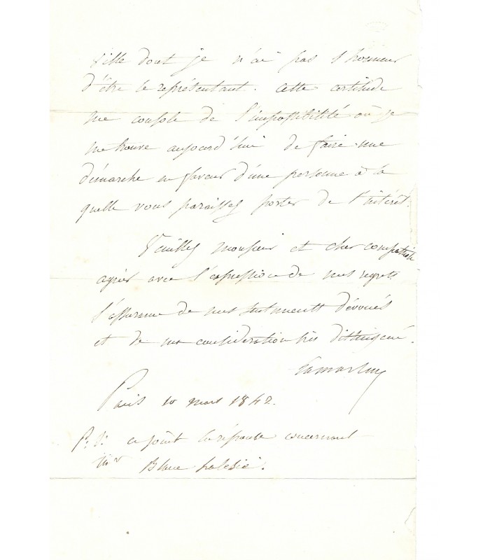 [LAMARTINE A. de] Lettre Autographe de la main de son épouse (G 1959)