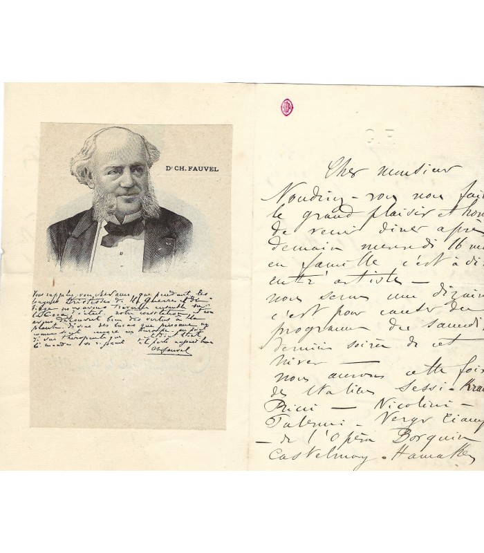 FAUVEL (Charles). Médecin. Lettre autographe (G 123)