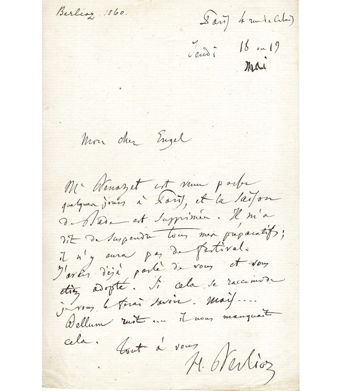 BERLIOZ (Hector), compositeur. Lettre autographe à Engels (G 3769)