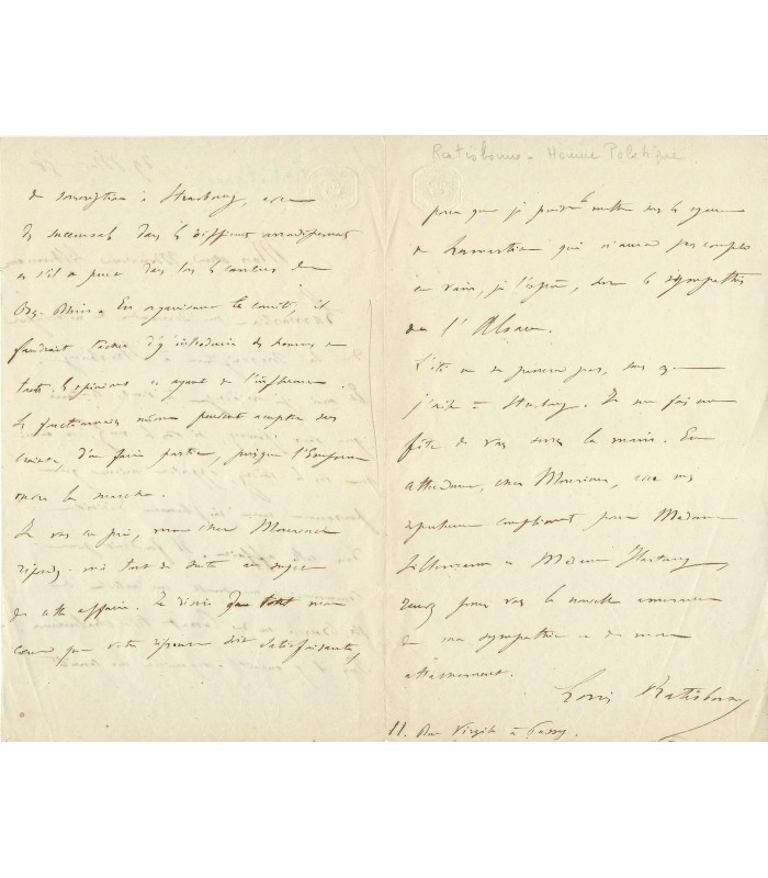 (LAMARTINE Alph. de). RATISBONNE Louis, écrivain. Lettre autographe (G 36)