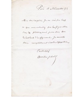 SCHOLL Aurélien, écrivain. Billet Autographe (G 2508)