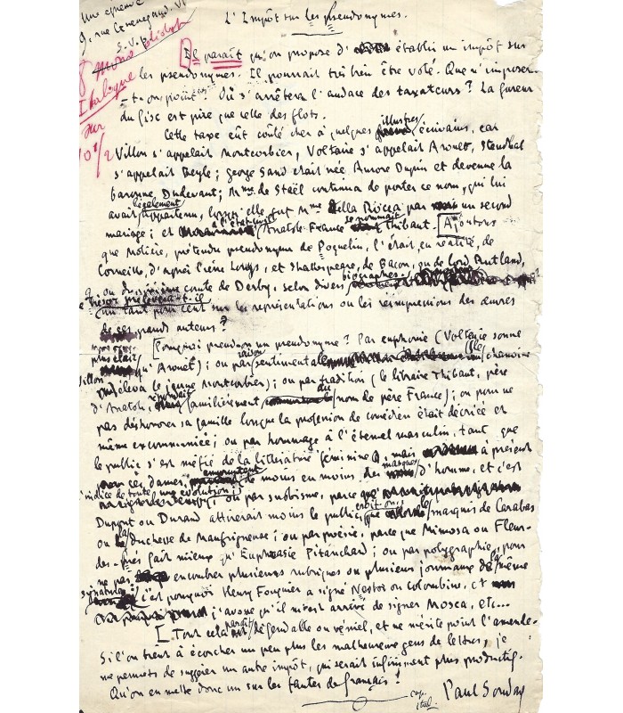SOUDAY Paul, critique littéraire. Manuscrit Autographe (G 3815)