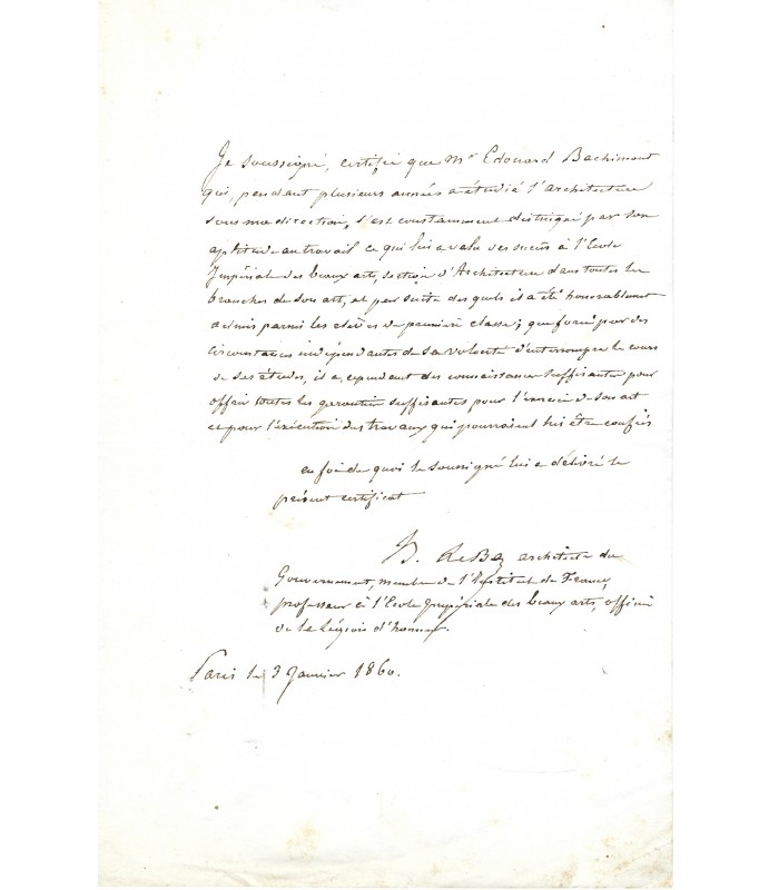LE BAS (Hippolyte), architecte. Pièce autographe (G 3792)
