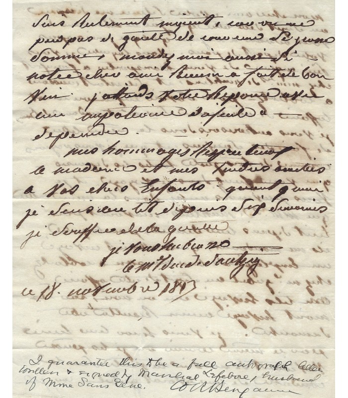 LEFEBVRE (F.-J.), Maréchal d'Empire, duc de Dantzig. Lettre autographe (G 3464)